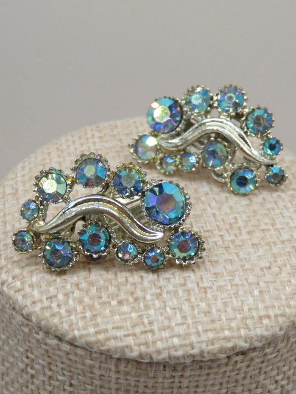 Vintage BSK Blue AB Rhinestone Silver Tone Clip On Earrings